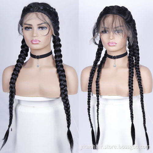 wholesale Long Double Braids 4x Twist Natural Black Synthetic Braided Lace Front Wig with Baby Hair Heat Resistant 32inch